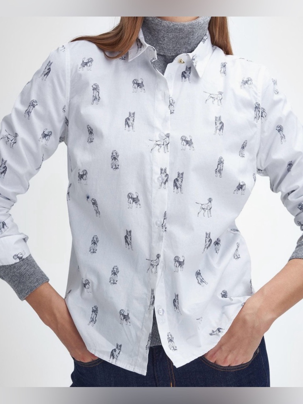 Barbour NWT Women’s Size 6 White Black Brambles Cotton Dog Print Button Up Shirt